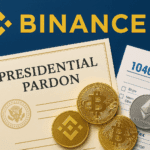 Binance logo with presidential pardon document and cryptocurrency coins alongside tax forms illustrating CZ pardon and crypto tax obligations