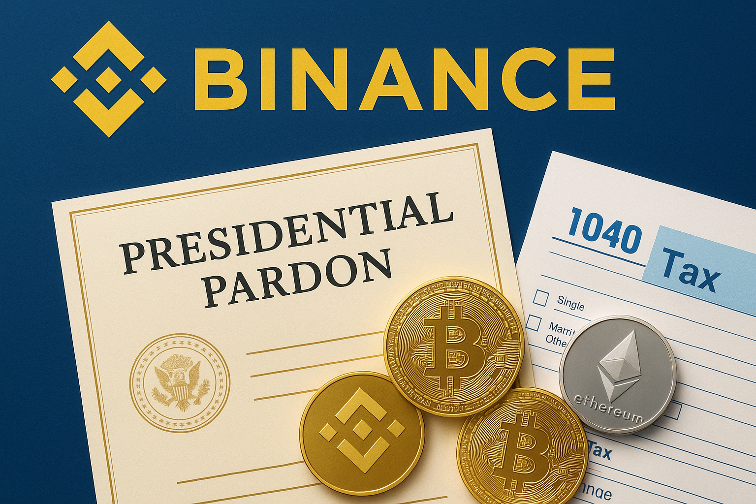 Binance logo with presidential pardon document and cryptocurrency coins alongside tax forms illustrating CZ pardon and crypto tax obligations