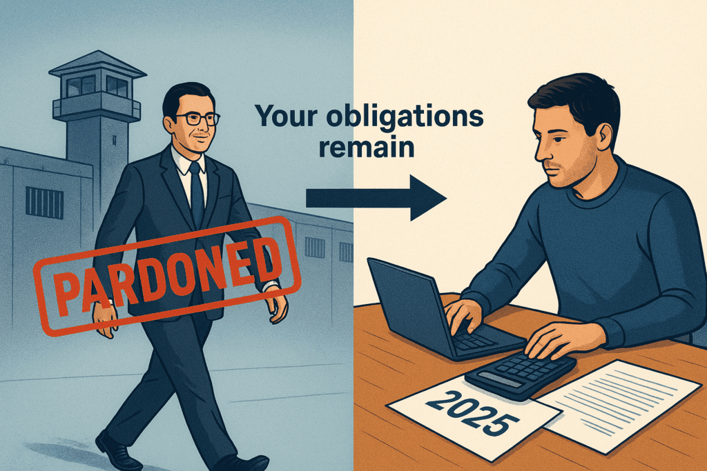 Split illustration comparing CZ's pardon and release with crypto trader's continuing tax obligations for 2025 filing season