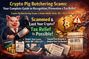 nfographic explaining crypto pig butchering scams, common red flags, and how victims may deduct theft losses under IRC §165(c)(2).