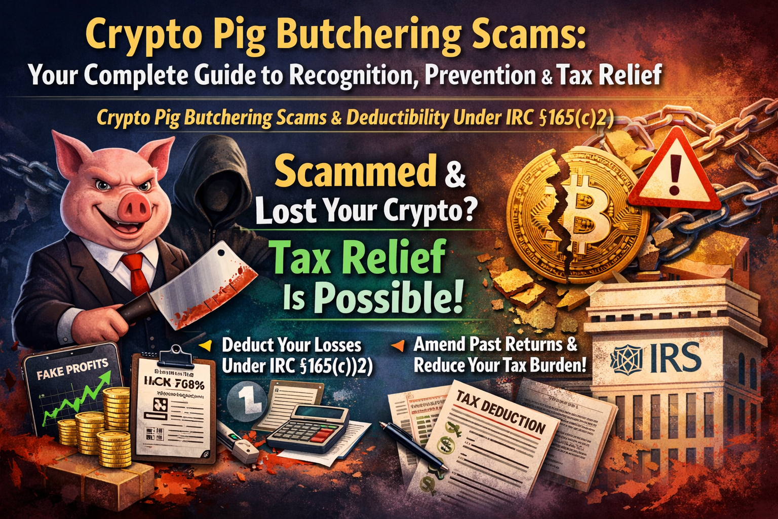 nfographic explaining crypto pig butchering scams, common red flags, and how victims may deduct theft losses under IRC §165(c)(2).