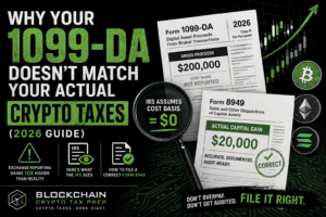Illustration of a mismatched crypto tax filing showing Form 1099-DA reporting $200,000 in proceeds with missing cost basis, compared to a corrected Form 8949 showing actual capital gains, alongside Bitcoin and Ethereum graphics on a black and green background.