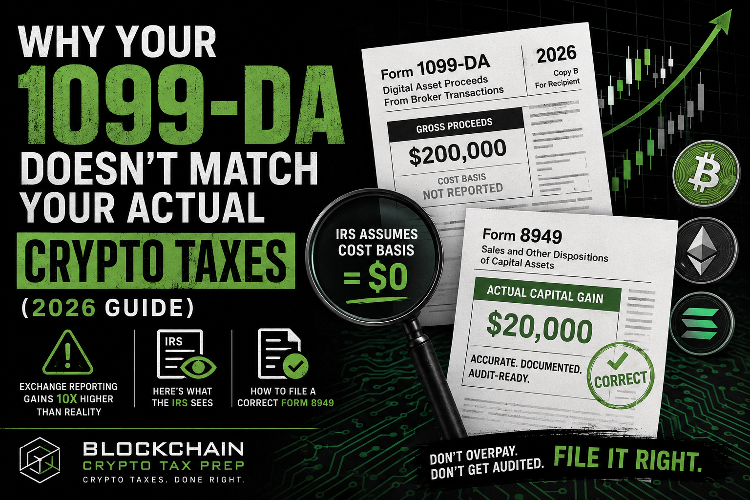 Illustration of a mismatched crypto tax filing showing Form 1099-DA reporting $200,000 in proceeds with missing cost basis, compared to a corrected Form 8949 showing actual capital gains, alongside Bitcoin and Ethereum graphics on a black and green background.