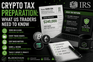 Crypto tax preparation illustration showing Form 1099-DA reporting large gross proceeds, cryptocurrency charts, wallet icons, and tax documents highlighting the difference between proceeds and actual taxable gains in 2026.